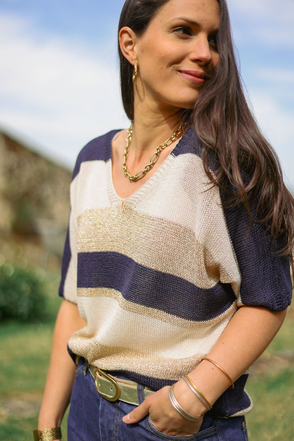Pull larges rayures lurex