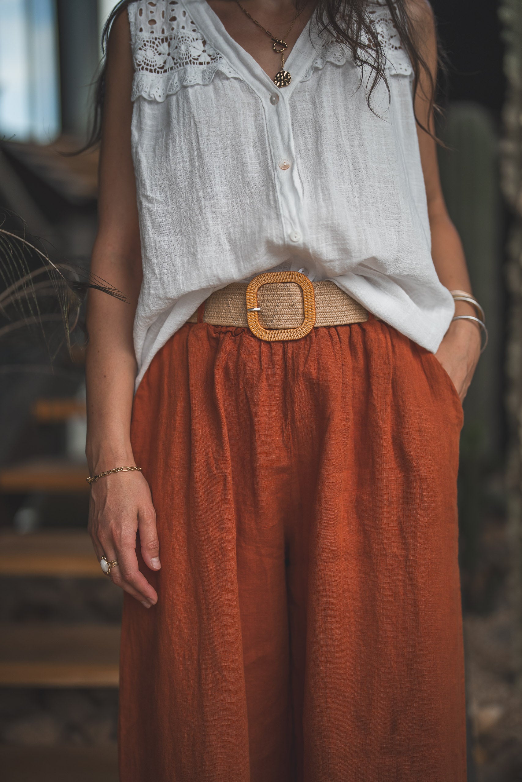 Pantalon ceinture tressee