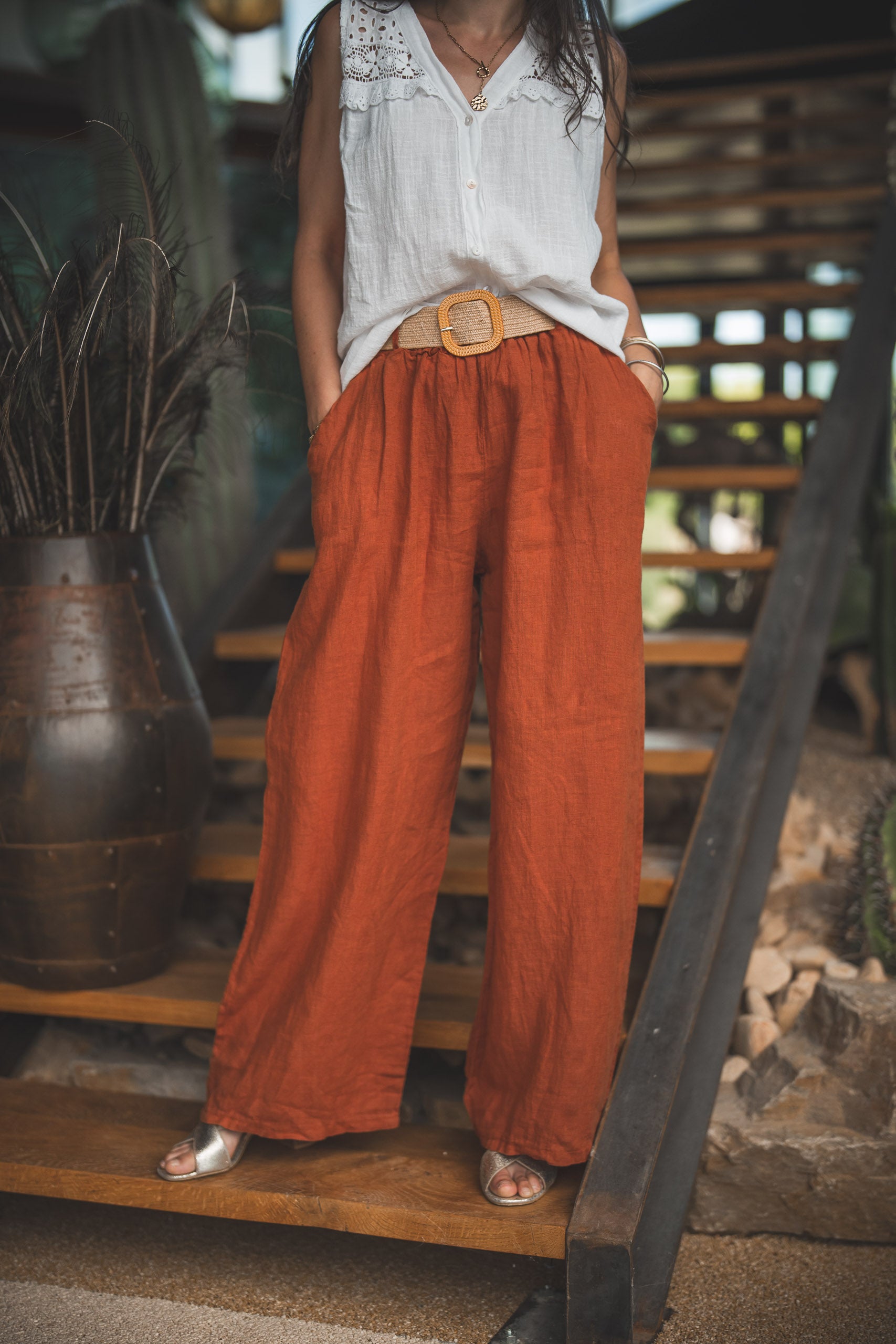 Pantalon ceinture tressee